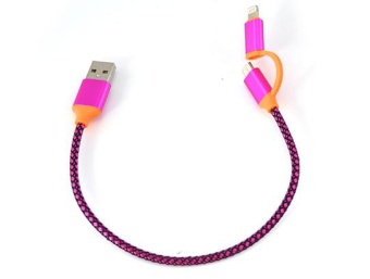 Кабель USB - microUSB, Apple Lightning круглый плетеный розовый